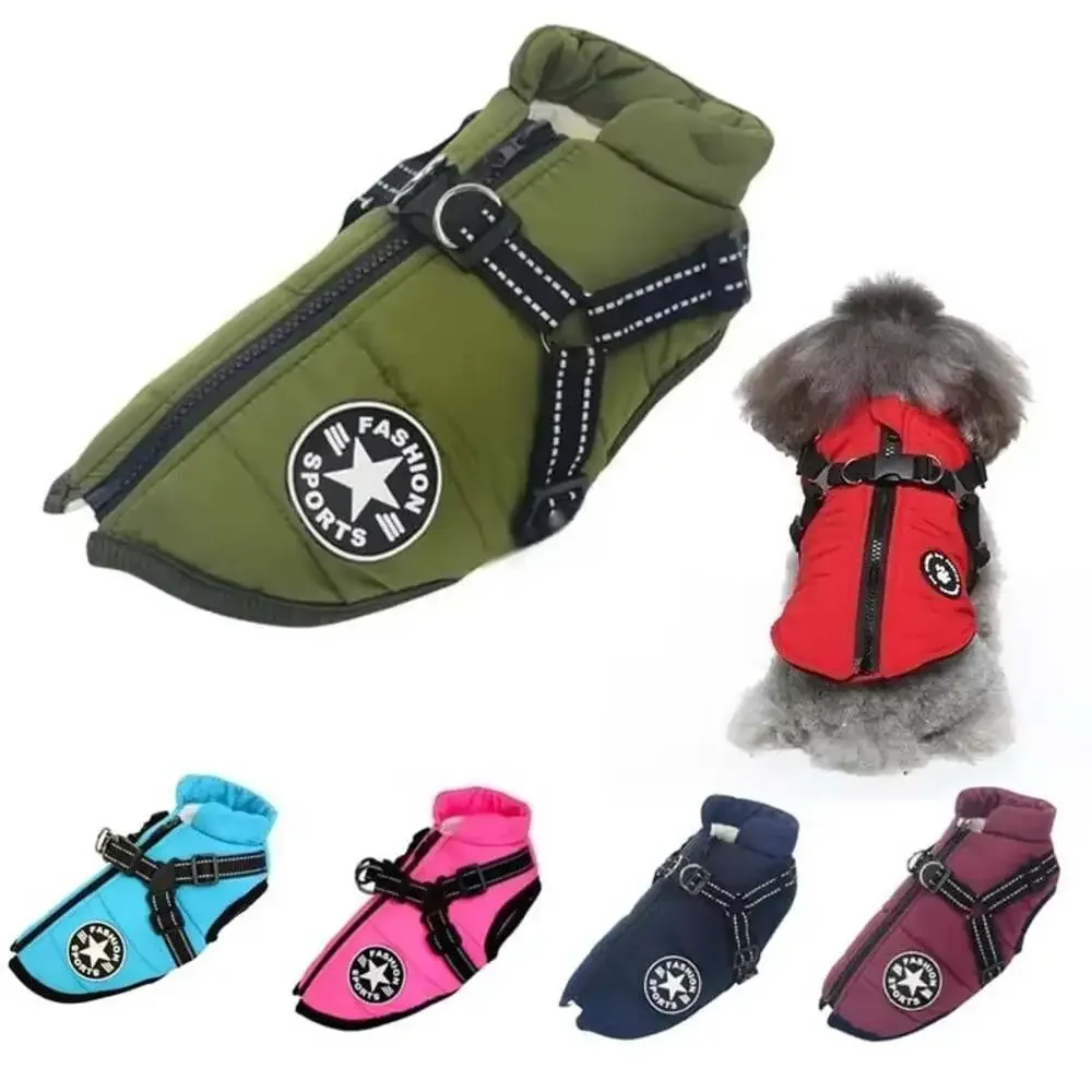 Large Pet Dog Jacket with Harness Winter Warm Dog Clothes for Labrador Waterproo